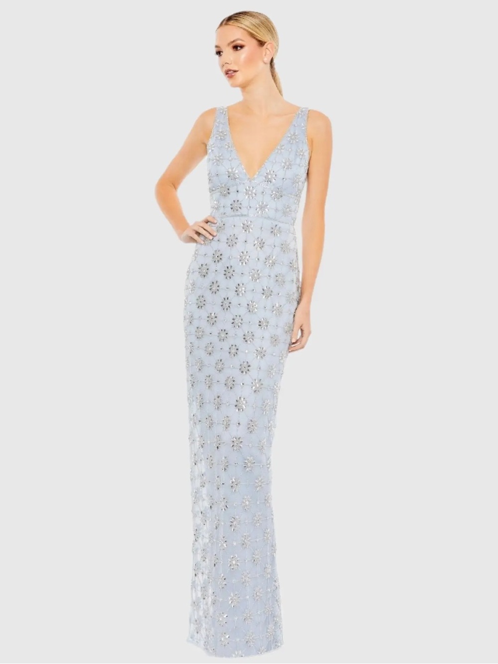 Embellished Light Blue V-Neck Evening Gown